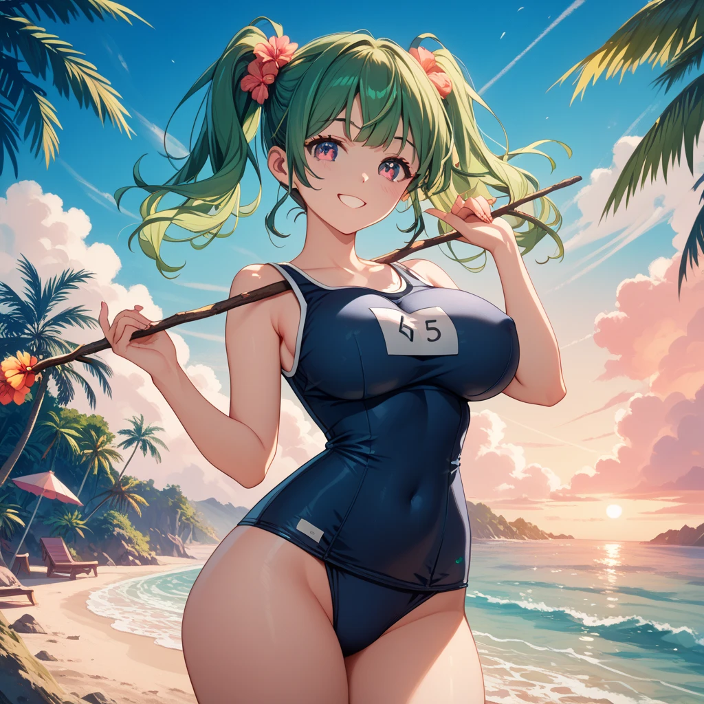 Highest quality, masterpiece, Ultra-high resolution, (Realistic:1.4), RAW Photos, Intricate details, Big beautiful eyes, Perfect contours, masterpiece, One Girl, ((A young female college student))Braided Bob, chest is medium size, Competitive swimmer, (one piece, turtleneck,Sleeveless swimsuit), Clear metallic green swimsuit, tight high leg swimsuit, ((back view:1.3, looking over shoulder:1.3, shoot from below:1.3)), Portraiture, View your viewers, Outdoor swimming pool, Partially submerged, Wet Skin, smile, (Underarm)