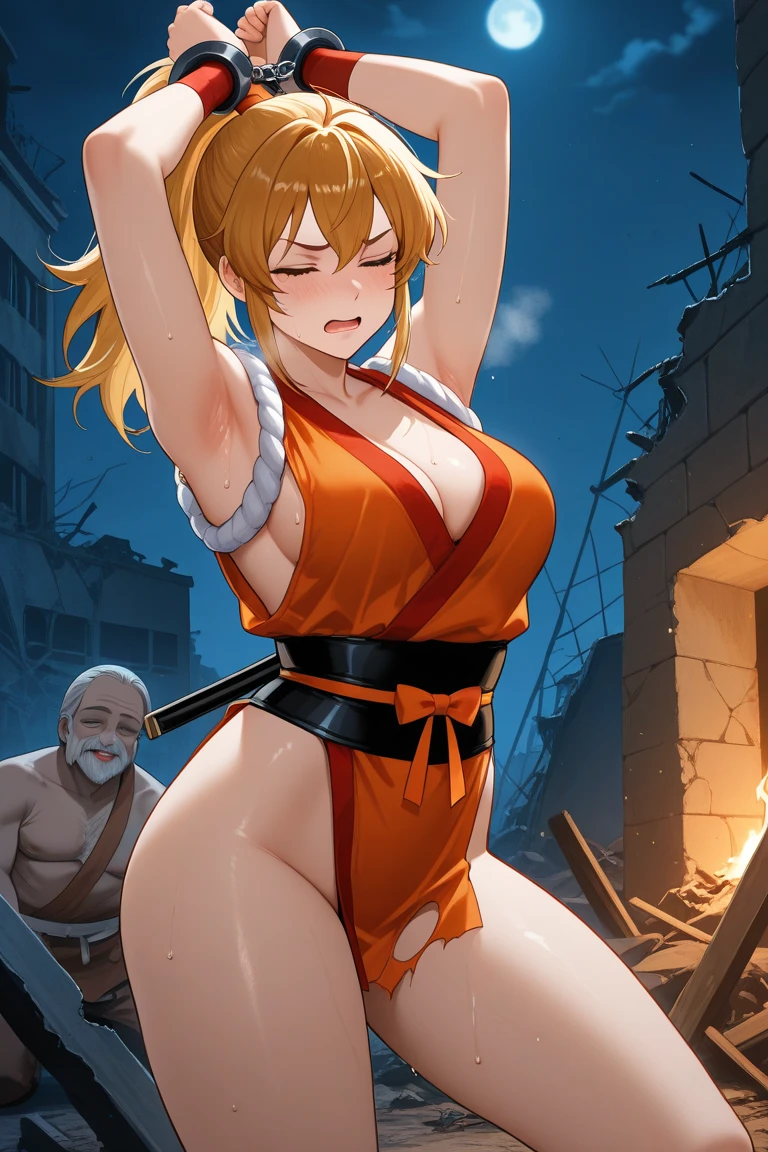 masterpiece, best quality, beautiful art, high resolution, well formed hands, body and fingers, 1 woman, solo, Rit, red makeup, red lipstick,adult, grown up, cosplaying as Mai Shiranui , mai_shiranui_cosplay, adult, large and round breasted, cleavage, full body , hair ribbon, gorgeous legs and, thighs, sexy Japanese clothes, hair ornament , sexy legs , hips and thighs, ryona , in peril, she is being beaten up by her opponent, she is knocked down and she is slapped in the face , she is pushed against the wall, being humiliated by her opponent, receiving the impact of her opponent's attacks, closed eyes, screaming in pain and agony, heroine in peril, ryona and perilous scene, bouncing breasts, weak and helpless, martial arts tournament on the beach