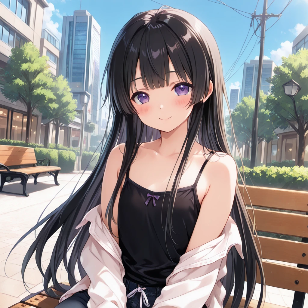Takiuchikami, Check it out, Long Hair, bangs, Black Hair, (Purple eyes:1.2),happy smile, smile, Close your mouth,Sweat,White Tank Top,Checked skirt, Cute Sandals,Walking,Daytime,Clear skies,whole bodyがイラストに入るように,Sitting on a bench,
break outdoors, countryside,
break looking at viewer, whole body,
break (masterpiece:1.2), Highest quality, High resolution, unity 8k wallpaper, (figure:0.8), (Beautiful attention to detail:1.6), Highly detailed face, Perfect lighting, Highly detailed CG, (Perfect hands, Perfect Anatomy),