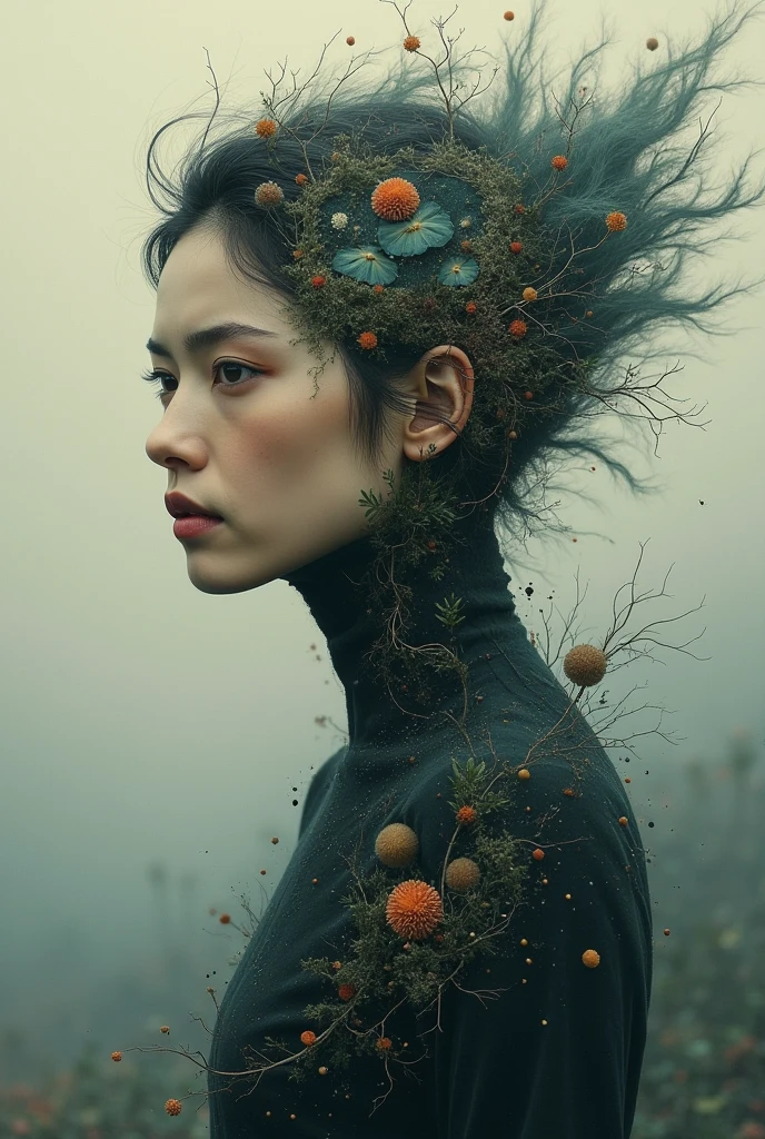 Moa Kikuchi A surreal, hyperrealistic portrait of Moa Kikuchi's face with piercing blue eyes, framed by twisted, gnarled tree branches that intertwine with her hair. The background is filled with dramatic, colourful clouds, creating a dreamlike atmosphere. The overall composition evokes a sense of mysticism and harmony between humanity and nature, blending the elements of earth, sky, and life into a cohesive, ethereal scene