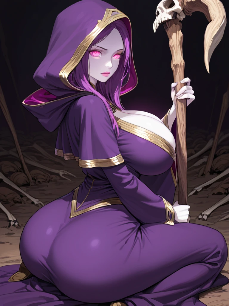a shadow wizard wearing a purple robe and has nice thick thighs, female, wearing dollar sign Jewlery, slutty, sexy