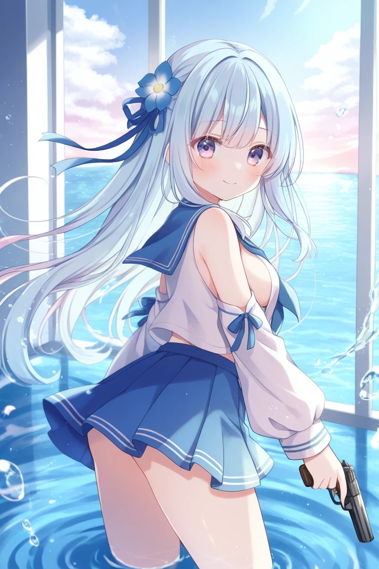 masterpiece, best quality, girl,long hair,light blue hair,cute face,blue eyes,medium breasts,serafuku,white pantyhose,shirt lift