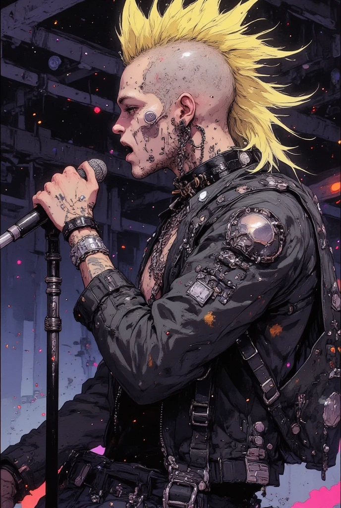 close up shot : 1.8, profile, (((side view))), from side, A man on stage at a punk rock concert holding a microphone with both hands, looking down and shouting and singing. (((Very long blonde punk rock mohawk.))), The side of his head is cropped. he wears a studded leather jacket. studded choker, studded wristband, (earrings:0.1), necklace, (((punk rock Mohawk))), punk, punk fashion, body tattoos, emphasizes stance and power, gives depth and openness to scene, depth of field, background blur, high resolution, masterpiece, accurate, top quality, high resolution model, high detail, beautiful detail, high resolution, 32K, realistic Rendering, Ultra Realistic Detail, perfect body, ((five fingers)), (Anatomically correct), thin body, Stylistically diverse, digital illustration, 