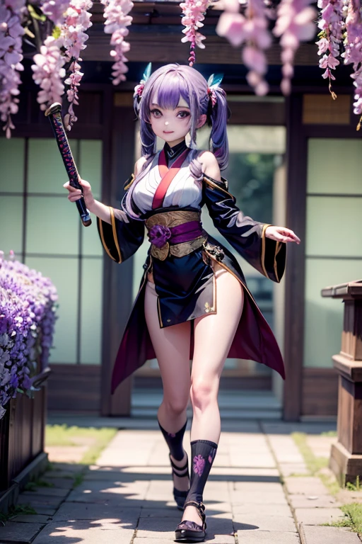 (((Raw Photo,8K))),(Photorealistic:1.3),(Masterpiece), (Best Quality), Ultra High Resolution, (Best Illustration), Photon Display,Radio Accuracy,Best Shadow,Close-Up Face,Portrait,((((Natural Light))),Backlight,(Solo:1.5),1Girl,(Long Purple Hair,Single Braid,Blunt Bangs),Purple Headpiece Decoration,Beautiful Detailed Purple Eyes,Blush, Slight Smile,Closed Mouth,Medium Breasts,((Cleavage Neckline)),Purple Kimono,Thighs , black hips, high heels. swings a naginata, looking at the viewer, smooth, (bokeh: 1.4), photographed on nikon d850, Nikon AF-S nikkor 58mm f / 1.4G lens,