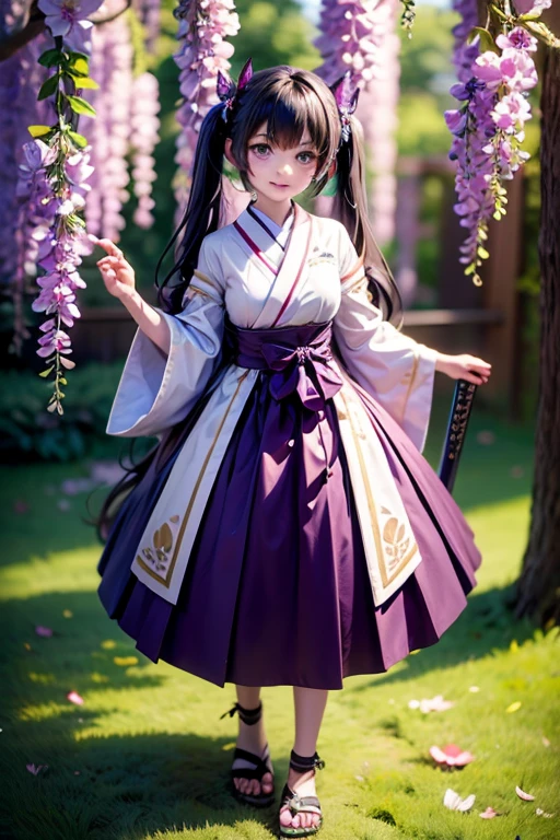 Little girl, very cute, backlit, layered, wearing Hanfu, crown on head, long skirt, realistic style, masterpiece, high details, high quality, in the garden, a lot of bright flowers