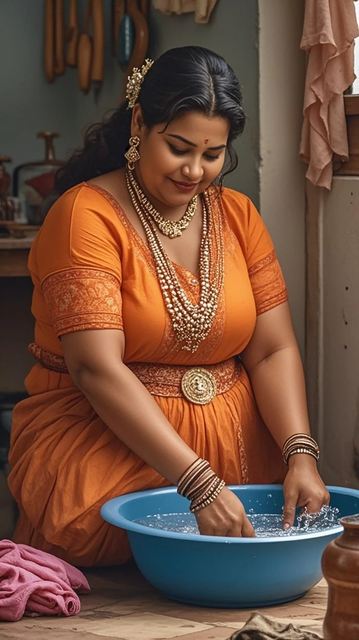 indian woman making a pot, on a pottery wheel, wearing a sari, chubby figure
