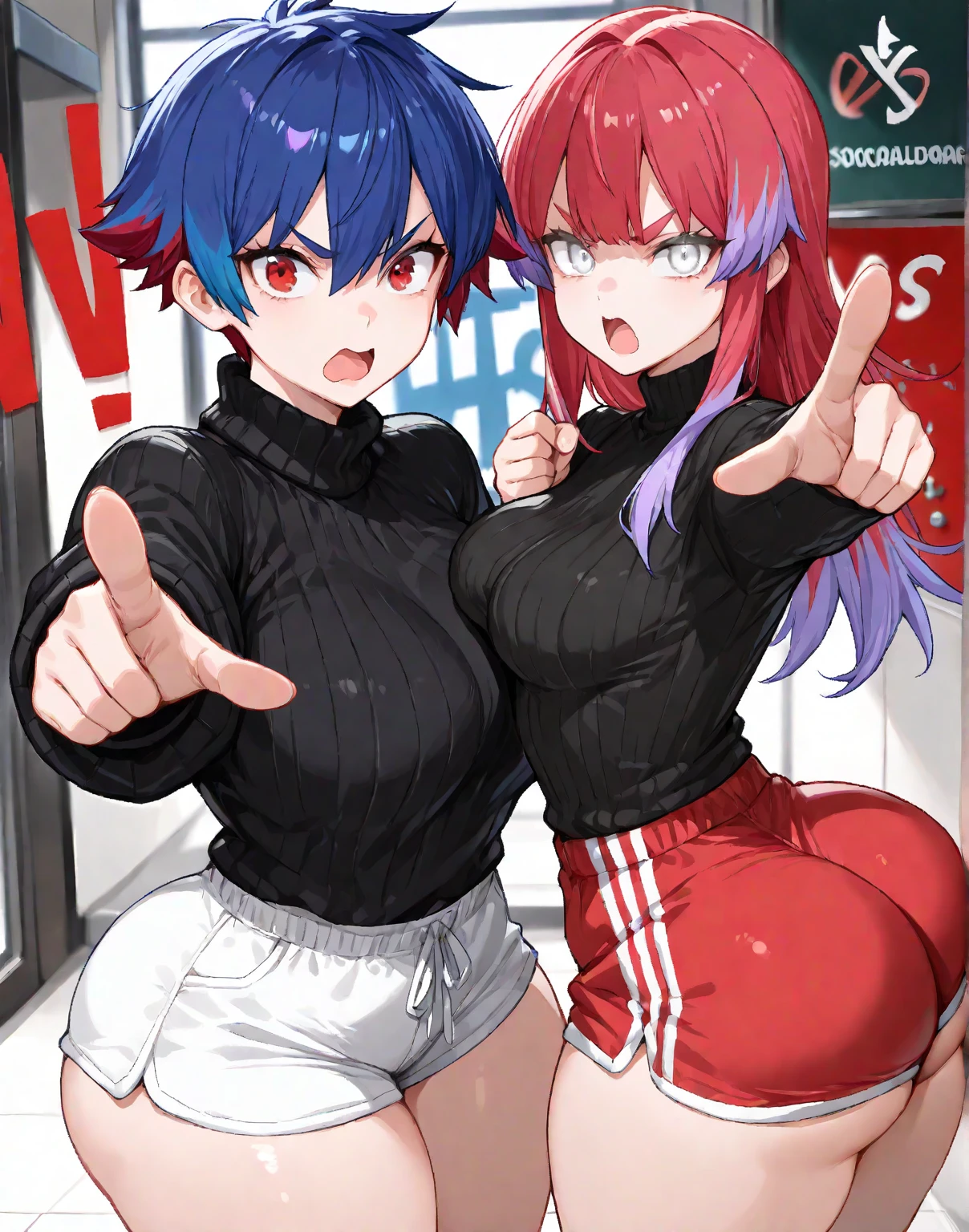2 Asian girls, both farting side by side, desperate to poop, in bed, farting while working out, stomach growling, wearing pajamas and booty shorts, qearing hijab, malaysian girl, tomboy, stomach bloated, hands hugging stomach, pained expression, shocked and embarrassed, mouth open in shock, blushing, beautiful and cute face, anime art style, fit body, tall and thin, view from front