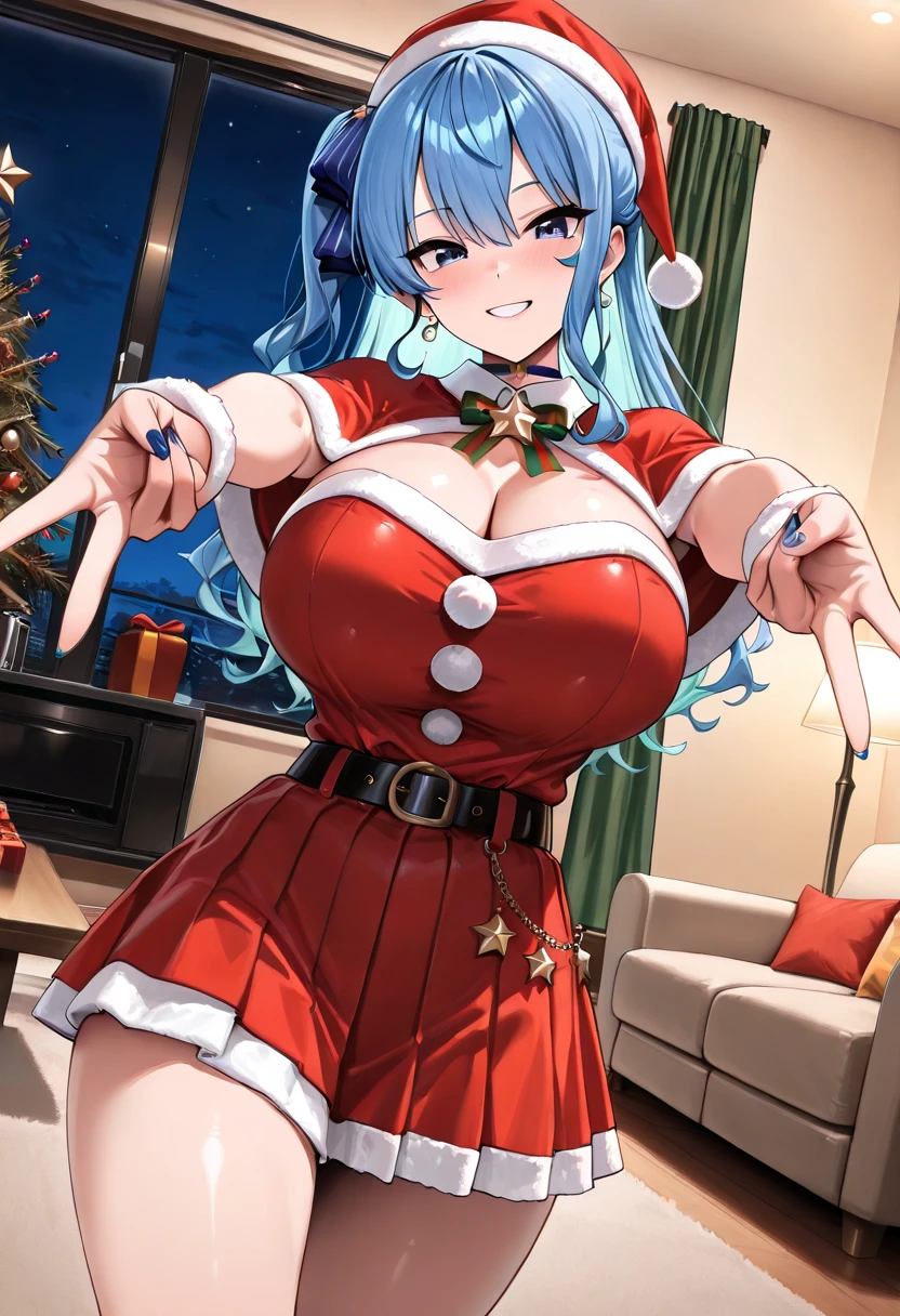 gran calidad ++ Extremely detailed high resolusionolution, very aesthetic, ojos expresivos, (((Cara perfecta))), (((face symmetrical))), ((good anatomy)), (((manos perfectas))), (((8k))), UHD, Fondo de pantalla HD, (((alta calidra detallada, (((((1girl)))))), solamente, Obra maestra, La mejor calidad, high resolusion, Altamente detallado, (illustration), hermosos ojos detallados, (((combatant))), (((natsuru senou))), ((((smile)))), (((blue hair))), (((blue eyes))), (((spiked hair))), (((ponytail))), (((anime))), (((short hair))), (((mature female))), (((gigantic breasts))), (((christmas cabin))), labios brillantes, They are smiling, guantes largos de raso blancos hasta el codo, (santa), Santa Claus red dress, sombrero de Santa, Vestido sin tirantes, cuerpo completo, Guantes blancos de codo, (((usando un atuendo de Santa Claus con+sosteniendo una bolsa de regalo))), Dedos detallados, Dedos precisos, Manos no antinaturales, strange eye, escote,