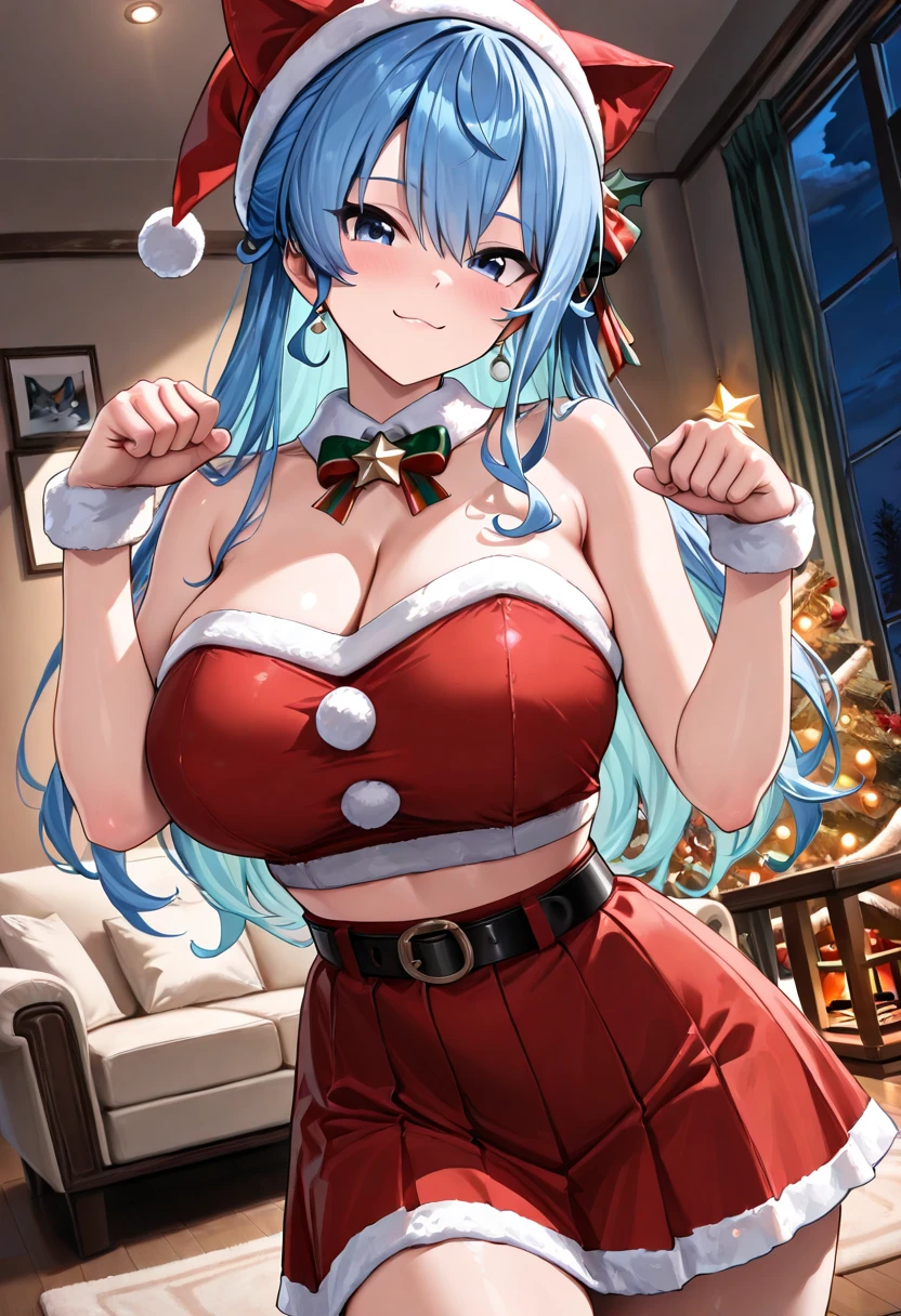 1 girl, game cg, Santa suit, shoulders visible, cleavage visible, belly button visible, Santa hat, gigantic breasts, light blue hair, middle hair, two side up, blue eyes,Christmas background, dynamic, smile,