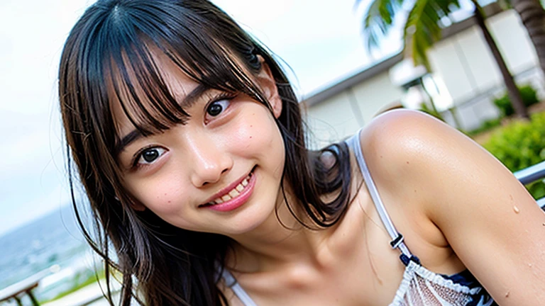 Highest quality, masterpiece, Ultra-high resolution,8K, (Realistic:1.6), (Close-up portrait:1.4) RAW Photos, ((Black fashion)),((Up Facial)),girl,(Full of smiles, Showing teeth)), 22 years old,((Random Hairstyles)),((Looking up at the audience)),Face Focus:1.4,((Shooting from above with a fisheye lens:1.4)),