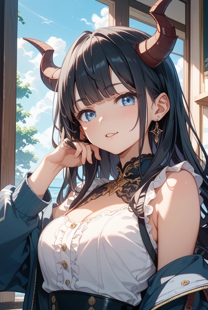 animesque、a sticker、顔と口メインのa sticker、Close-up of the mouth、1beautiful girl、mecha musume、sixteen years old、(((I mainly draw the mouth、super close up of mouth、tongue、long tongue、sticking out the tongue、Show the inside of the mouth、Open your mouth wide and show me your throat)))、Horns、teak、lip stick、huge tit、cleavage of the breast、simple background、