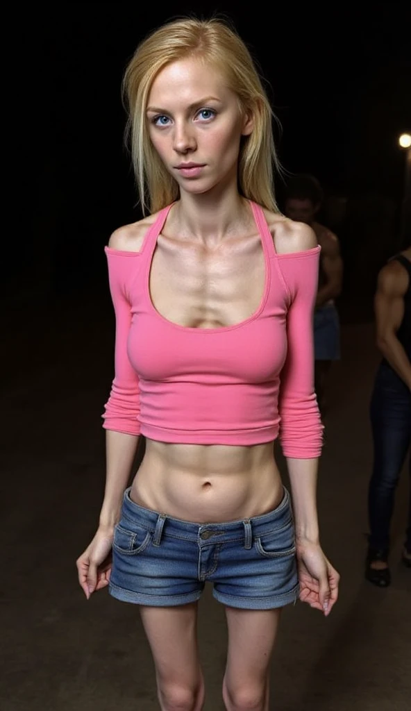 RAW photo, portrait, professional, , simple background, blond hair,woman, 18 year old, topless, small breasts, , skinny arms, slim body, skinny girl, pants, skinny hips, freckles, narrow torso, thin torso,8k uhd, dslr, soft lighting, high quality, film grain, Fujifilm XT3,Realism
