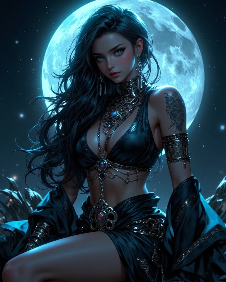 ((Masterpiece, best quality)),photography, detailed skin, realistic, photo-realistic, 8k, highly detailed, full length frame, High detail RAW color art, diffused soft lighting, shallow depth of field, sharp focus,
<lora:LamiaPGR:0.65>lamiapgr, blue_lipstick, symbol-shaped_eyes, multicolored_hair, detached collar, adhesive bra, elbow gloves, head fins, mermaid tail, looking at viewer, sitting, holding orb, parted lips, teeth, cowboy shot, starry sky, light particles
