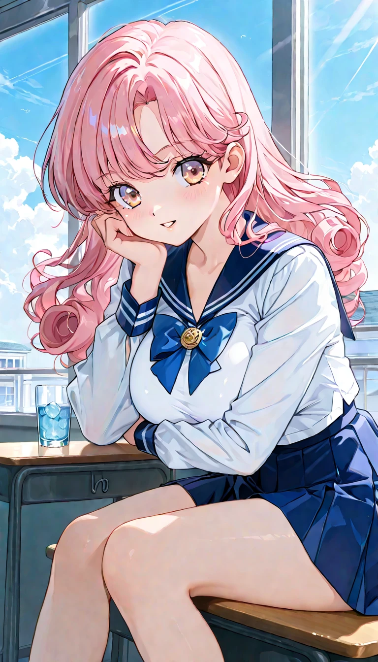 1 female, solo, for women, Beautiful woman in sailor suit, seifuku, pastel blue , Have short pink curly hair and golden eyes, Big Breasts , glass, in the classroom, sitting by the window, detailed background