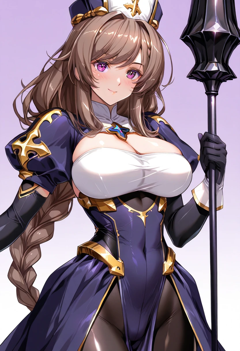 Lian, light brown hair, hair stick, bangs, blue eyes, solo, smiling, standing, upper body, hips, bare shoulders,purple thighhighs, violet dress, gold jewelry,armor,gloves,circlet, cleavage, red and gold royal castle, gigantic breasts, (best quality, masterpiece, beautiful and aesthetic:1.2, highest detailed face, perfect face,) eyes, perfect face,expressive eyes,
looking at viewer, in the center of the image,(Upper_body),(Focus on her face),
official art,extremely detailed CG unity 8k wallpaper, perfect lighting,Colorful, Bright_Front_face_Lighting,shiny skin,
(masterpiece:1.0),(best_quality:1.0), ultra high res,4K,ultra-detailed