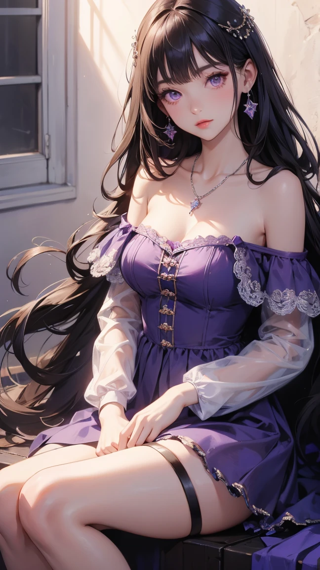 detailed background, masterpiece, best quality, 1 person , curly hair, long hair, purple eyes, star in eye , Strapless blouse, long skirt
