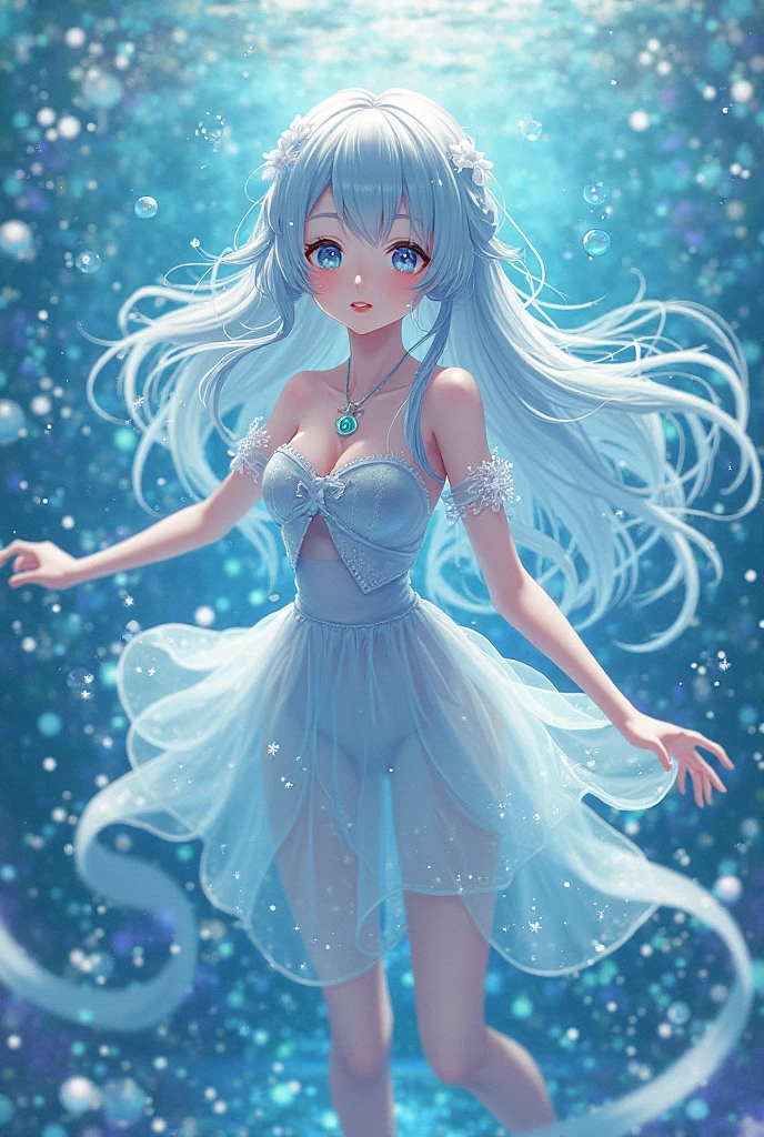 of a 1 of average height, long blue hair, dressed in a cute blue jellyfish themed outfit: 