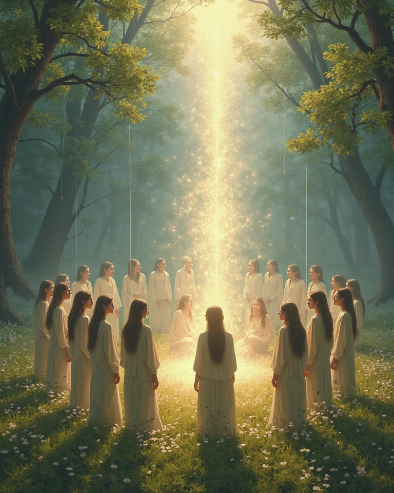 A circle of tall, large natural stones with another stone in the middle and a beam of light in the center on the grass. Five people are looking up towards the beam emanating light from their hands.