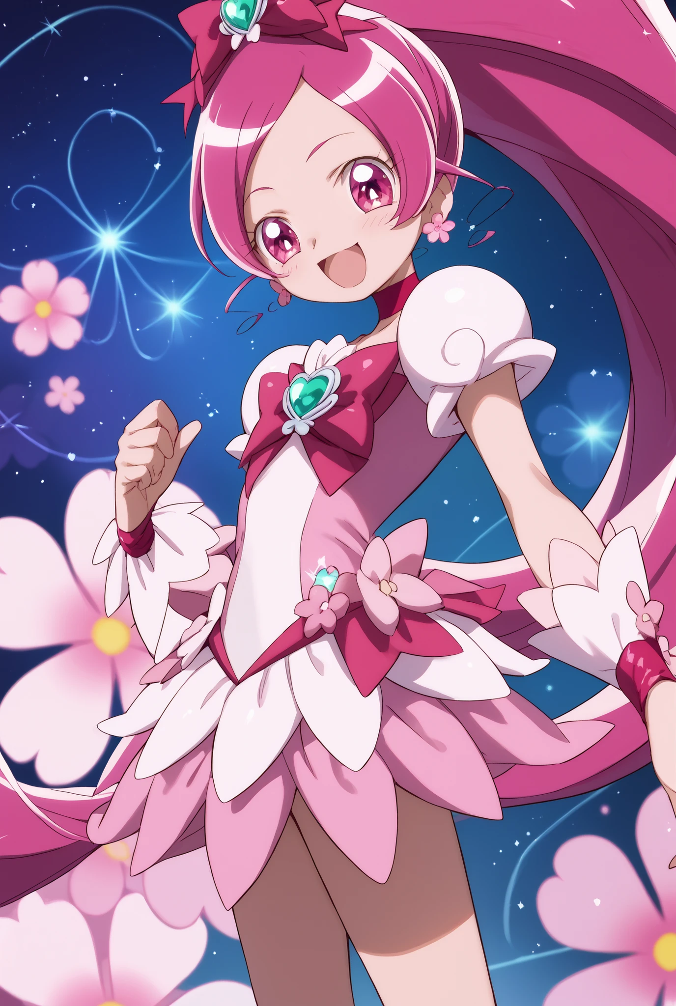 Heart Catch Pretty Cure、cute、cure blossom、 cosmic background 、 Slim、Small breasts、Shiny on the skin、 happy、cuteポーズ、