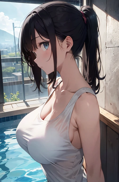 absurderes、hight resolution、ultra-detailliert、 、Indoor pool、dark ilumination、Very heavy rain 、swimming pools、 (masterpiece、top-quality)、Ray traching、absurderes、nffsw、master piece, ((View landscape)), (profile), (Side), Seen from the side, Facing to the side, Sharp Focus ,Delicate Beautiful Hair and Eyes and Face, Lifelike, Hyper-detailing, a beauty girl, Dynamic Hair, pale skin,Smooth skin, ,natural(large boob:1.3), ((exposed breast)), ((cleavage of the breast)), ((The areol)), (teats), (Leaning forward),Beautiful cute woman, Cute 17 year old girl , (((cum on facial))),((cum on chest)),((cum on the body)),((Bukkake)),soaked body,Fog exhaled,steam,trembling, (Delicate black hair),length hair, Sideways,((Wearing a competitive swimsuit)), scornful look, Contemptuous gaze, dislike, is crying, a closed mouth, (((arms behind back))), ((Protruding chest)), Clean perfect breasts