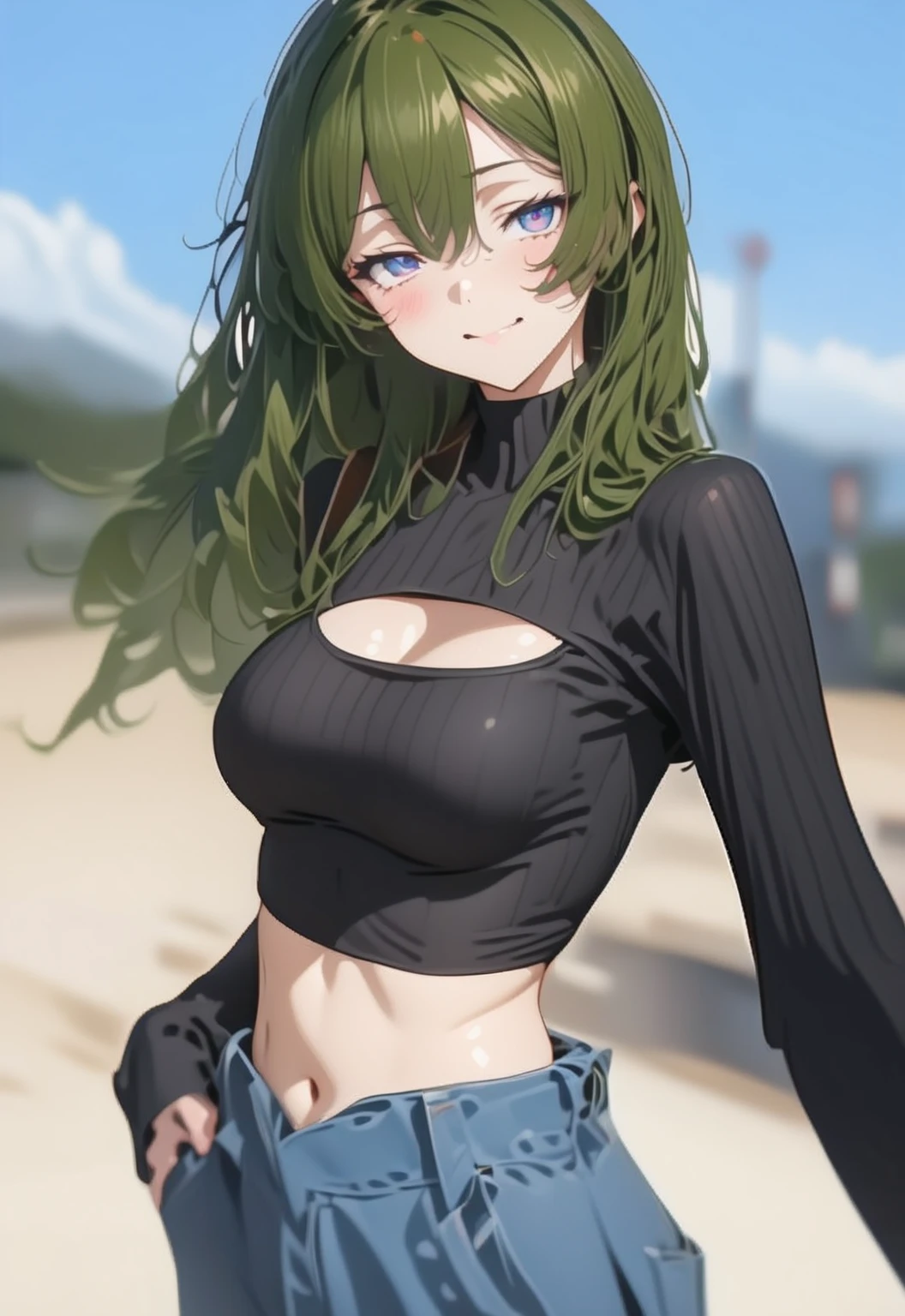 1girl，fubuki, masterpiece level work，Best Picture Quality，Facing the camera，ssmile，green skirt，Raised sexy，look straight at the camera，long whitr hair，perfect bodies，beachside，Green hair，Off-the-shoulder attire。Large breasts, revealing clothes, beautiful eyes, High quality, sexy pose, happy face, eye contact, skinny , perfect febric , realistic 