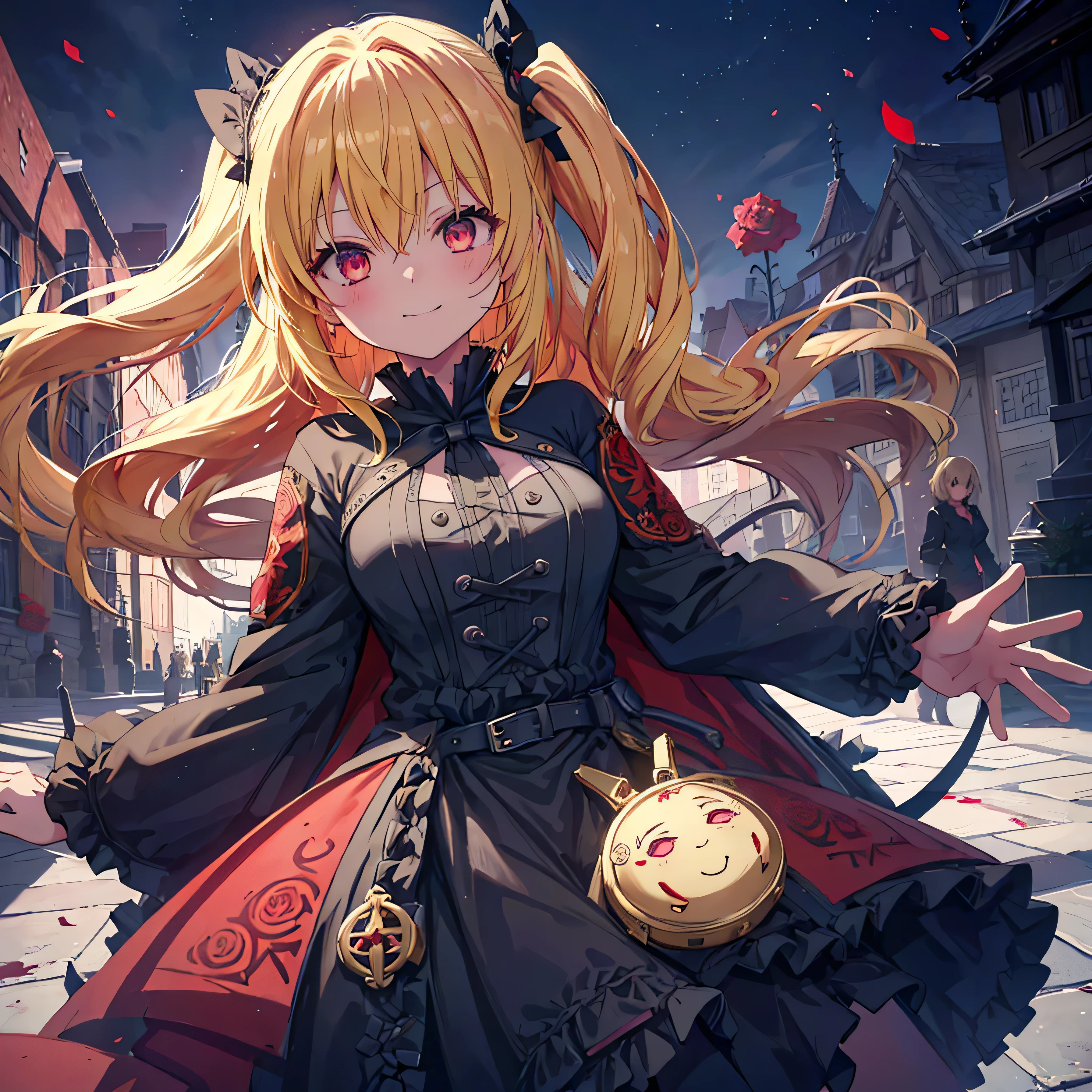 with blond twin tails, anime style, Kyoto Animation, 2.5D, best quality, Highest Quality、 super detailed eyes, Ultra HD, dynamic illustration, Beautiful atmosphere, smile happy, a girl in a black gothic ta costume, red detailed eyes, evil smile, horror movie, beckoning me, Bio House, extremely intricate embroidered clothes, Western-style castle, night and blood and roses, Multiple hands,