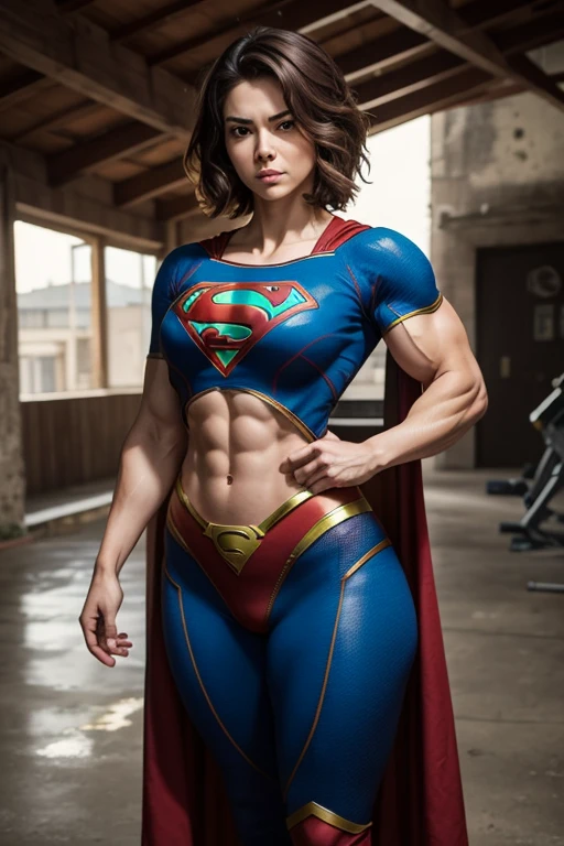 ((Great quality,Great quality,high quality, very beautiful,beautiful, 最high quality, Realistic)) ,{{torn clothes}},(hand on hip,open stance,armpit),((Dress up as Supergirl, cloak)),((stomach cutout)),Short sideburns,Forehead, short hair, Strong legs,Detailed body,photograph,3D, texture,, View your viewers, ((最high quality, Great quality, very beautiful, Absurd))、(Perfect beautiful face 1.2),(anger),Flushed Cheeks,Heavy breathing,(Perfect and beautiful posture:1.2),(40 year old beautiful Japanese woman),(Mature Woman),(face with makeup),bodybuilder,((Huge breasts)),Big Ass, (thick muscular body),(Sweating all over the body:1.2),超高解像度のphotograph,Looking at the camera,(Stand facing forward),(full body),