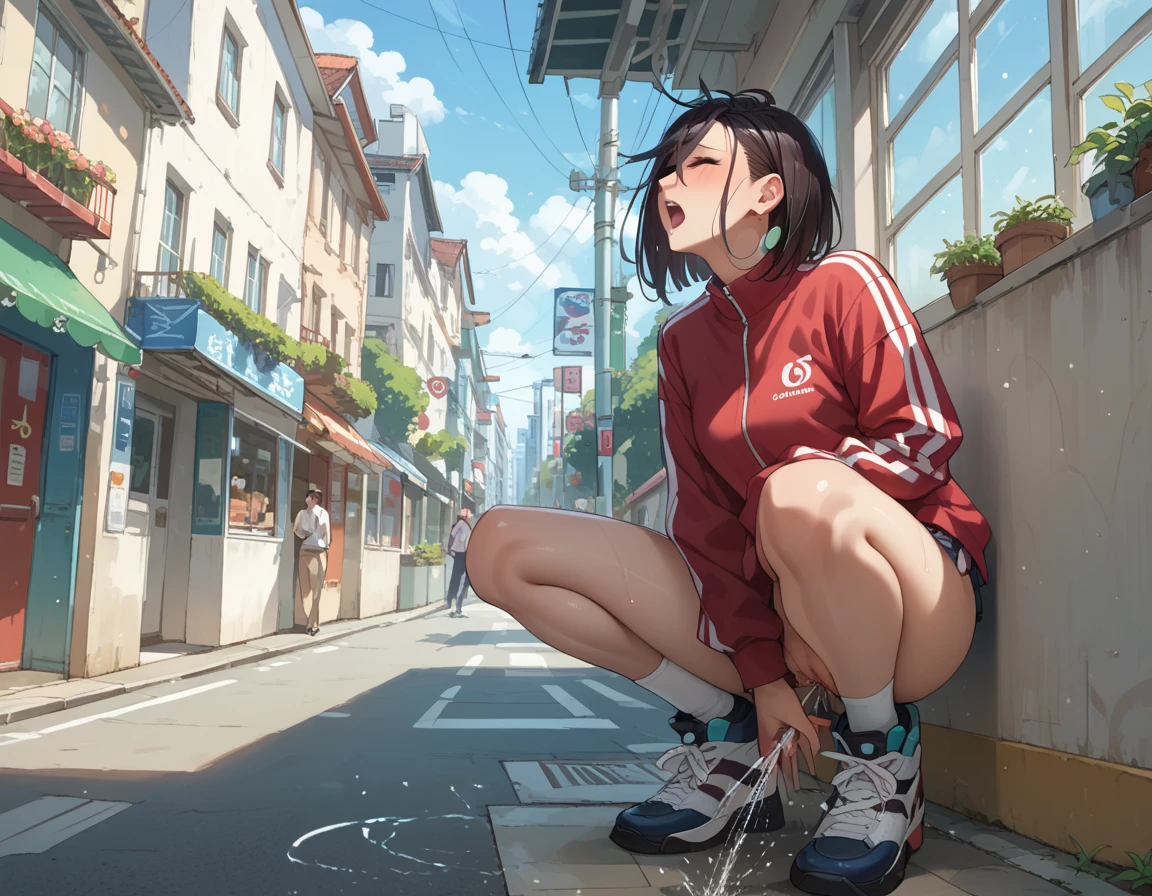 Masterpiece, beautiful slender girl, multiple girls, bus stop, unzipped shorts, pussy peek, pussy, no panties, sweat, sweatdrop, t-shirt, midriff, pussy juice, blushing, bare legs, slim, full body, sneakers, embarrassed, scared, hiding, covering mouth, thigh strap, vibrator, small breasts, peeing, pee, pee puddle, peeing, squirting, pussy juice, pee dripping down leg, pee on shoes, pee stain