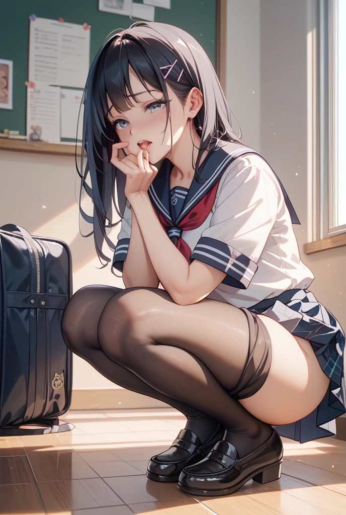 ((masterpiece:1.5)),((Finest quality)),(Ultra-high precision),8k picture, Top quality anime, Highest level of resolution,sharpnes,spread legs, legs up, nose blush, collared shirt, blazer, pleated skirt, school uniform, bow, garter belt, hair ornaments