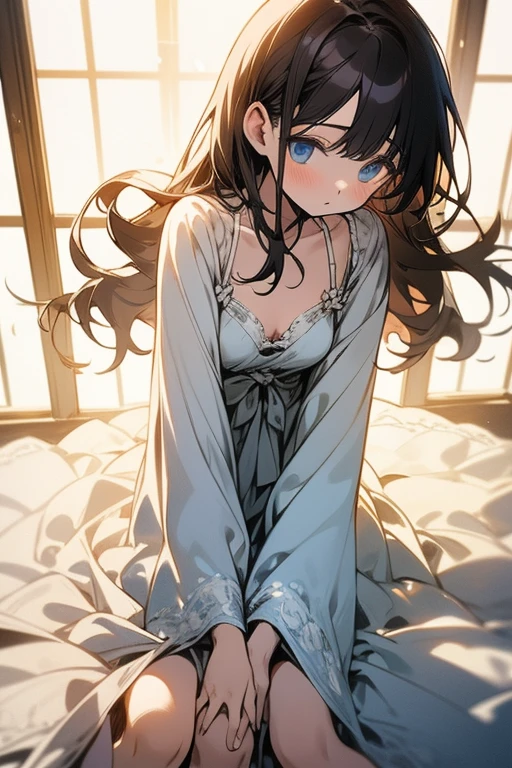 Not an old witch,Full body portrait,Lying in bed,Black hair and blue eyes,White robe,Flawless legs,White skin,两侧开口很高的White robe,Weakness,Tears in the eyes