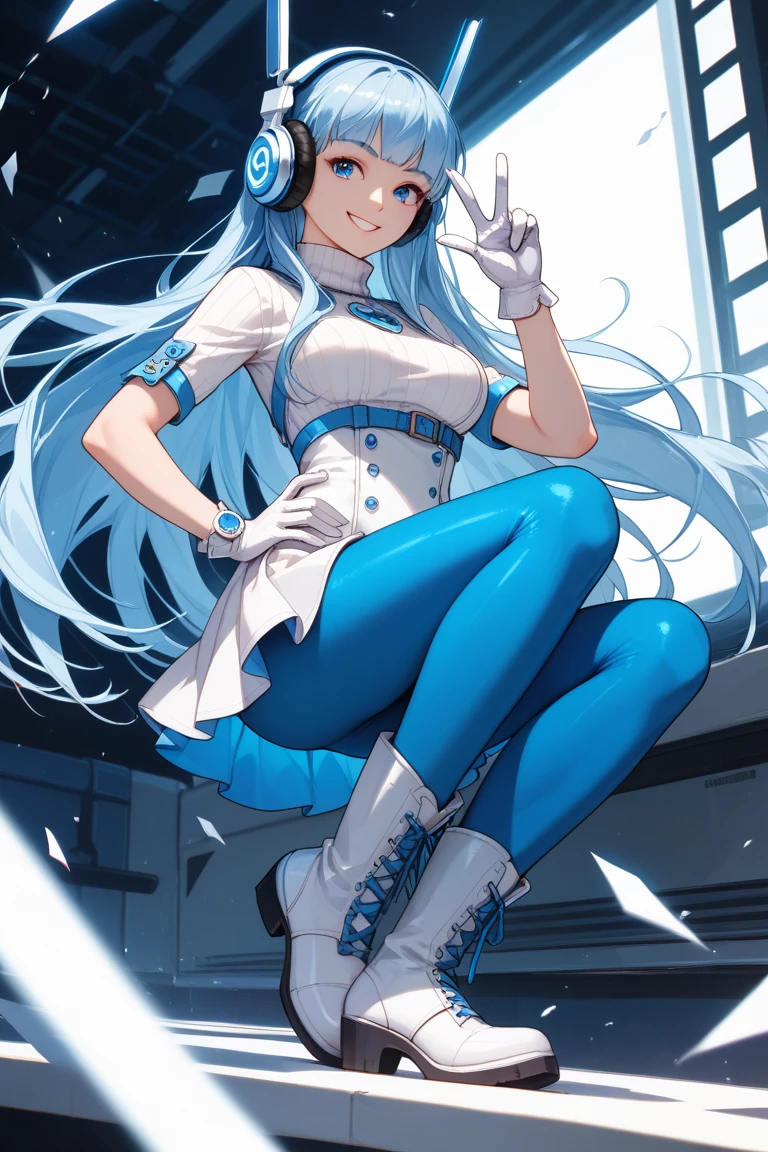 1 girl, superhero, junior high school girl, leotard, barefoot, knee high boots, gloves, shining body, the light that surrounds her body, particles of light, space background, Are standing, put your hands on your hips, cowboy shot, whole bodyショット, superpower, perfect anatomy, cowboy shot. long hair,
Blake is purple body suit, body suit, gloves, Black body suit, multicolored body suit, 
Blake is looking at viewer, whole body,
Blake is (pieces fly:1.2), highest quality, High resolution, unity 8k wallpaper, (figure:0.8), (beautiful and fine eyes:1.6), highly detailed face, perfect sentence, Detailed CG, (perfect hands, perfect anatomy),