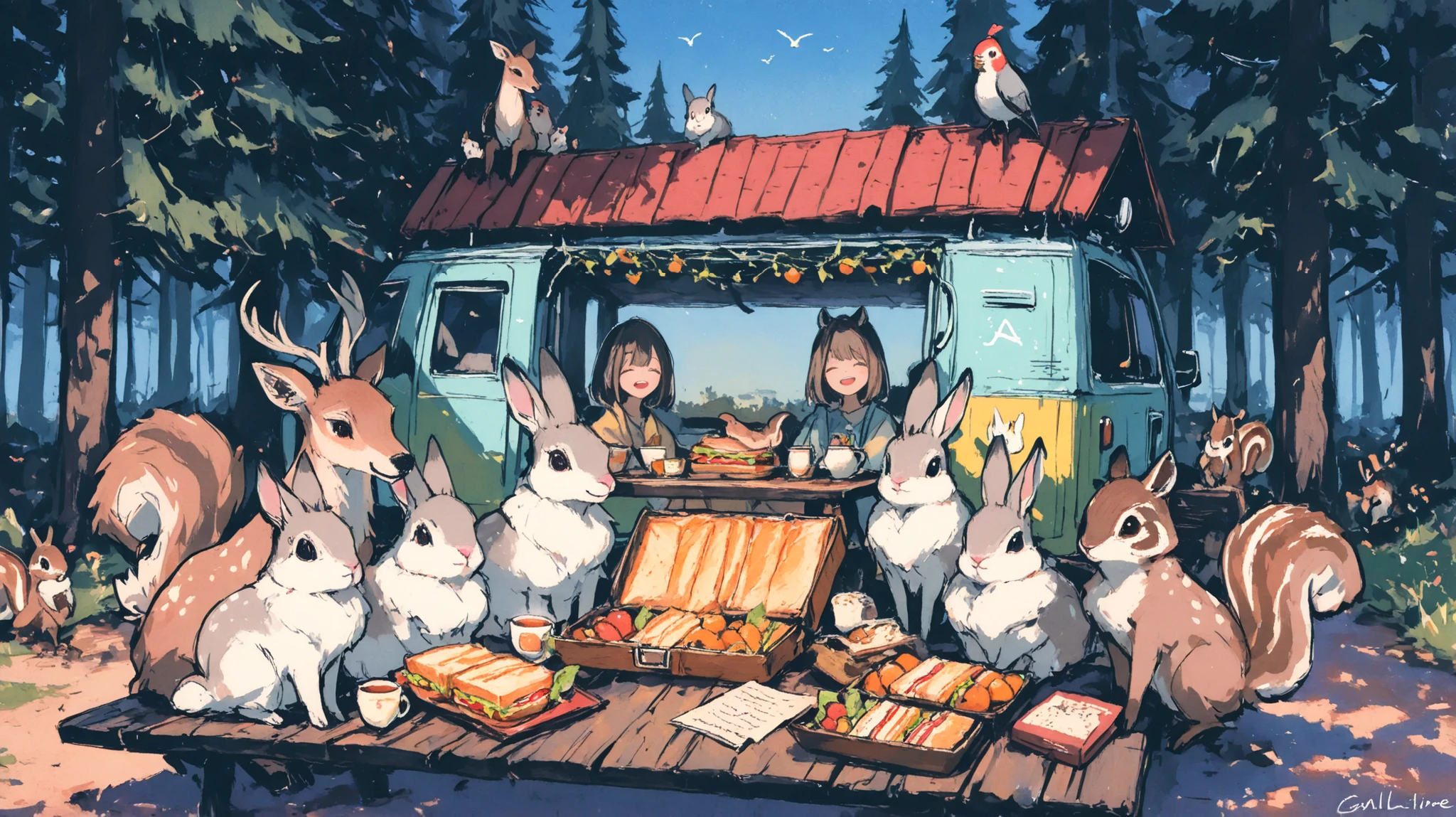 sharing a peaceful outdoor meal with friendly forest animals like rabbits, Sharing a peaceful outdoor meal with friendly forest animals like rabbits, 、squirrel , deer, and some birds, A cozy camper van with a chimney and luggage on the roof is parked nearby, simple food like fruit, sandwich, and tea is placed on the table, everyone is smiling and enjoying the moment, is illustrated in a picture book style with a thick line drawing, gentle watercolor texture, gentle color ooze, and warm paper texture, Calm and heartwarming atmosphere,illustration style