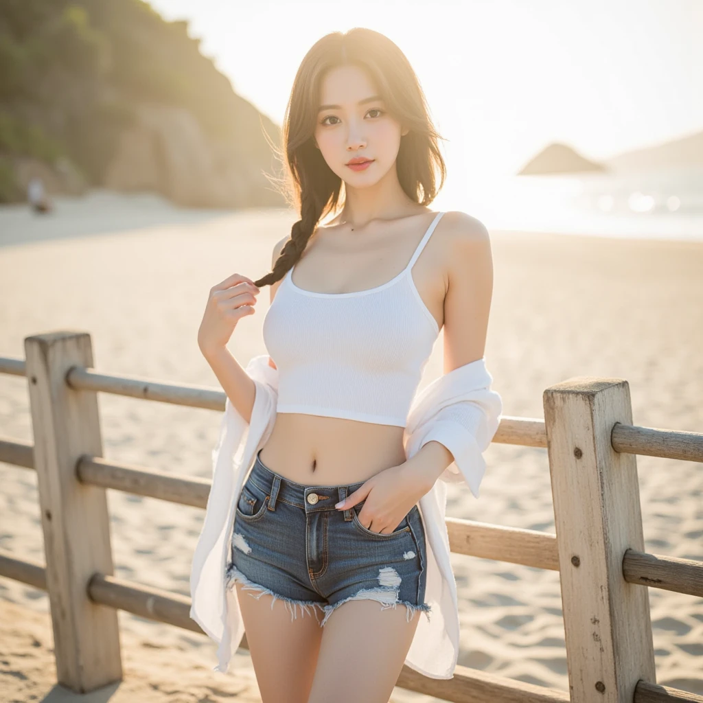 Look at this and smile、Colorful summer clothes、top quality、masterpiece、超High resolution、(actual:1.4)、Very wide lens、close up、Young woman beautiful、Nice detailed eyes and skin、smile、Short brown hair haircut、bust、Small necklace、、straw fedora hat、、Summer sky、(highest image quality: 1.35), high quality, Realistic photo, (A beautiful woman:1.33), beautiful expression, (delicate eyes:1.3), (delicate face:1.3), Smile, (light hair silhouette:1.2), Super detailed , high resolution, Athletic figure, (big breasts:1.25), (long hair:1.2), (beautiful woman), (Cute navel:1.2), ( Depth of field f/1.8:1.45 ), sharp focus, original image , (Thin white shirt:1.45), (Thin white pants:1.4), (Thin white tight pants:1.4 ), (shirt thin white eyelashes:1.4), (thick thighs:1.5), (forward facing:1.25), (cowboy photo:1.4), (night sports:1.4), ( dark sky:1.5 ),