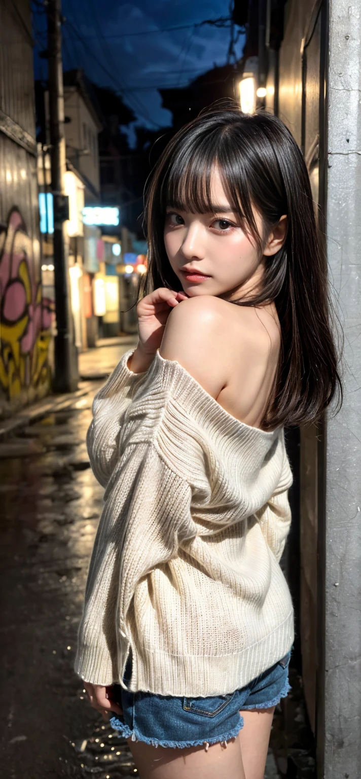 (8K, RAW Photos, Highest quality, masterpiece:1.2), (professional photography, full colors, studio-caliber color grading), (Gravure quality for high-end fashion magazines),  BREAK, (Japanese teenage girl standing in a dirty back alley at night:1.2), (fluffy ponytail:1.1), Big Natural Color Lip, Plumpy body, (smooth skin:1.1), huge breasts,  BREAK, (white hand-knitted long sweater, v-neck sweater, oversized clothes:1.1)