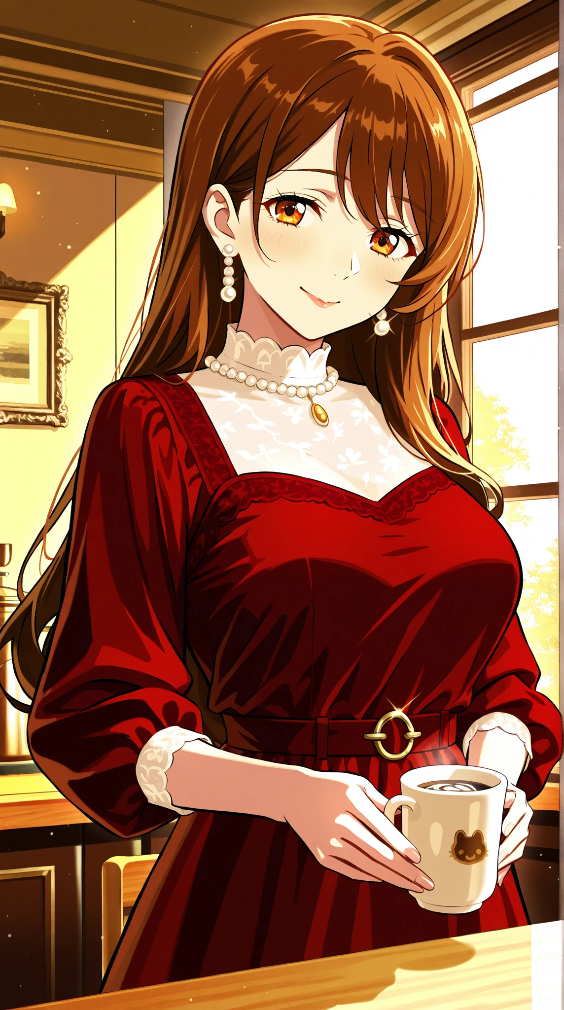 Bidenical skin, Brown wavy hair, green eyes, Middle-aged woman, beauty, Red cheeks, awake, Ancient city in the background, Ancient dressing style, Untidy travel outfit, Show skin on legs, Show skin on hips, Show skin on chest, anime style