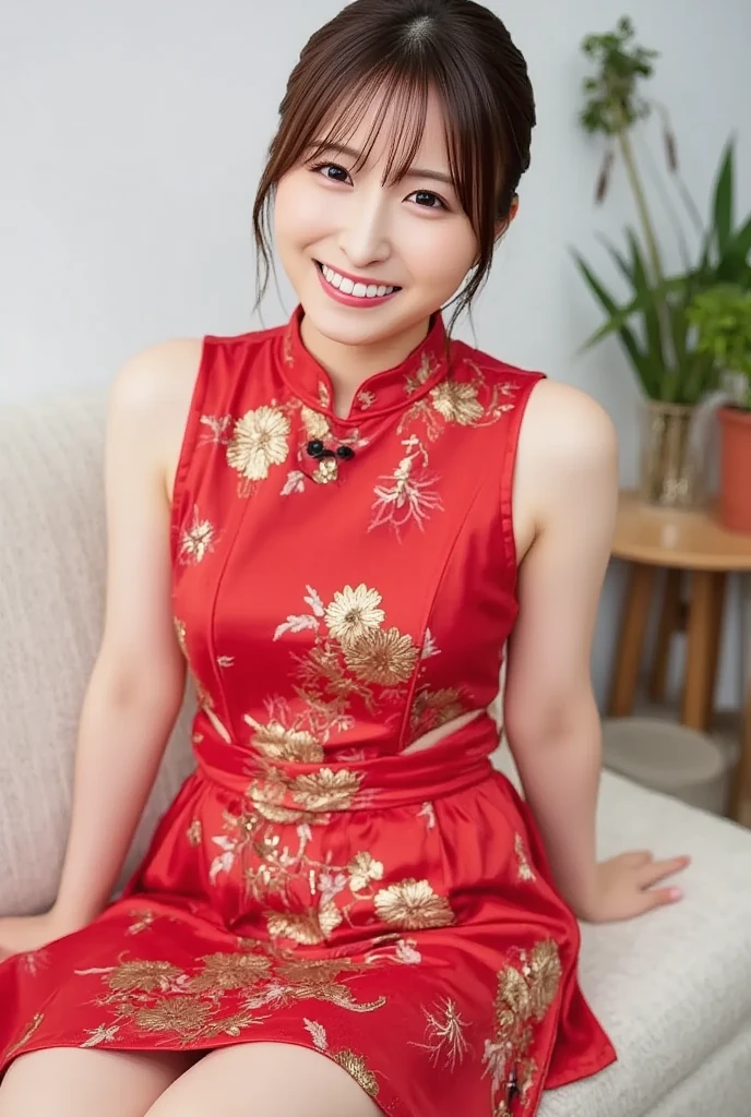 Highest quality, masterpiece,32K ,photograph、 Realistic, High resolution, 8k RAWphotograph,alone, 1 person,、Age 35、Slim figure、A sloppy smile、 ((((Sleeveless yellow cheongsam))))、In the mountains、High heels