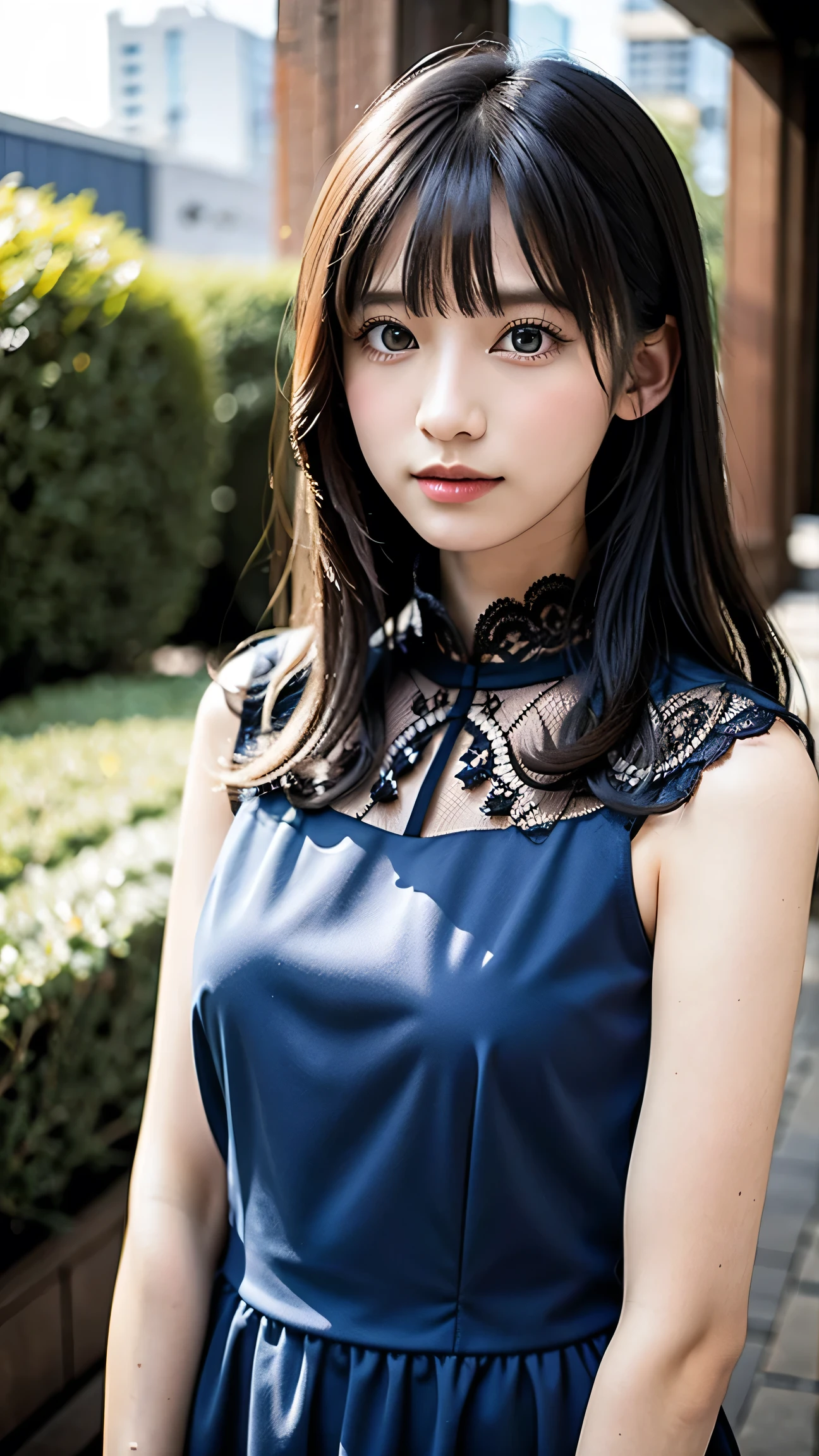 (((upper body shot))),Ultra-high resolution,big eyes,((brown eyes)),Japanese,(forehead),(a girl),(1 girl),((17 years old)),(cute),pretty,((facing at viewer)),arms behind back,grin,(((black lace clothes)))