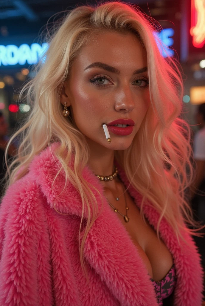 analogue fashion photo shot of young blonde woman with cyberpunk hair, (((big boobs))) in a 1950 korean hotel lobby, ((neon lights pink and yellow lights)), (((((lingerie))))), supermodel, sexy model poses, masterpiece, eye level, Kodak Funsaver, Porta 160, 20mm, bokeh, in the style of Nan Goldin, textured, distressed, ((vintage)), edgy, noisy, high contrast, ((((((bad framing))))))