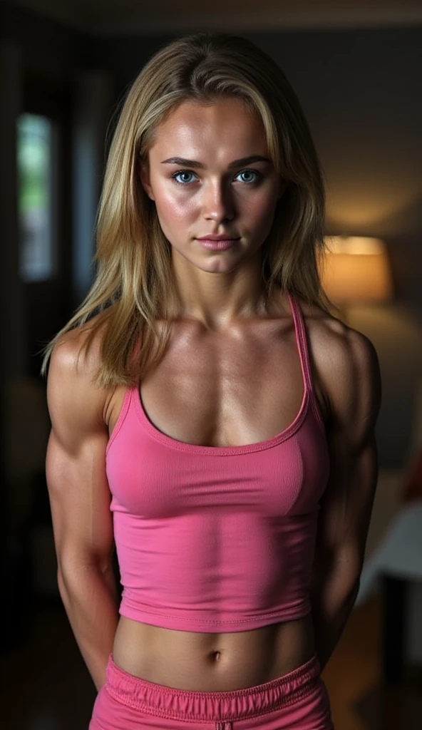 (Muscular:1.1), blonde female, bokeh, (freckles:0.8), upper body view, bokeh, detailed eyes, (athletic body:1.0), (muscular body:1.3), (looking at viewer) (Bulky:1.1), (swaggy), dark studio, rim lighting, two tone lighting, dimly lit, low key (DETAILED SKIN), bob cut, white top, lying across our bed, smiling, happy