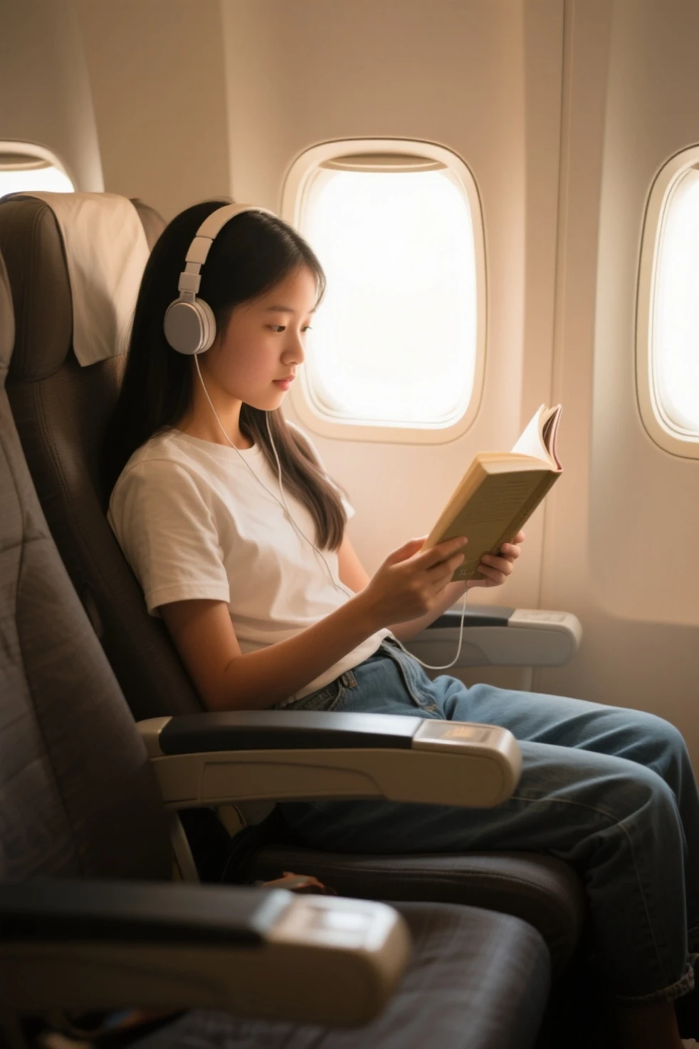 beautiful Spanish 23 years old woman, brown long hair, large black eyes, with black trousers, white t-shirts, white jeans jackets, in the plane, with her glasses. Fit body, big tits, reading her book. With her headphone on, the sky is night