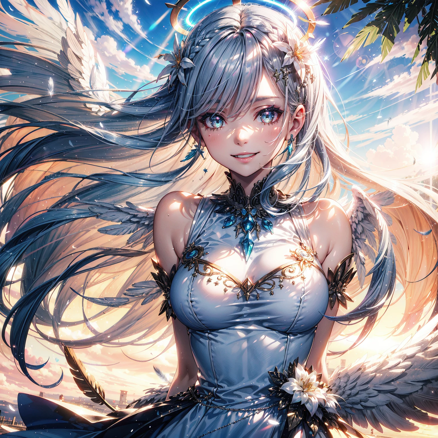 light particles, (glow light:1.2),(1 angel girl:1.2),26yo,cool, adult face,beautiful face, (close up on face:1.1),(medium small breast:1.1),(huge angel wings:1.2),(wild smile:1.2), silver long hair, silver color eyes, detailed eyes, (huge bright halo:1.2),(halo with decorations:1.2),close up on face,(jewelry on hair:1.2), (hair decoration:1.2),(glitter on dress:1.2),(detailed decoration on dress:1.2),(reflection on dress:1.2),(Strong wind blowing), flying in the sky, , (day light:1.2), (heaven on background:1.2), huge sky, a lot of clouds,(sun light:1.2), (lens flare:1.2), (a lot of silver feathers flying:1.2), ,(white doves flying:1.2)