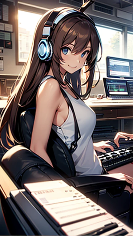 A woman with a bright smile、I wear big over-ear headphones in the studio.。The female should be a very mature woman in her 30s.。With shoulder-length wavy brown hair、The light blue top is distinctive.。The background is a bright white、Please make the woman's facial expression easier to understand.。