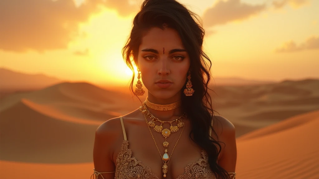 School portrait photograph of a beautiful half-Spanish, half-Black woman, in your 30s, Chocolate brown hair, long wavy hairstyle, hazel eyes, EYES LOOKING DOWN, caramel skin tone, Straight Nose, heart shaped face, fleshy lips, large breasted, 30 years old, diamond face, starry sky background, Depth of field, with royal clothes ((viking Celta)) with real hair braided with feathers, High definition art, piercing, Green gentle eyes, well defined face, Mountains in Midgard detailed and sand in the background, night with glowing sand particles illuminating the scene, style artgerm, 32 mil, ultra HD, unreal mechanism rendered, hyper-realistic image, camara canon r6 objetivo 100mm 2.8f retratoo That's a smile, posando, bust behindThis isThis is. altamThis isntThis is rThis isalistic, PThis is deathThis is the burning of the African sun, appealing, hipThis isrrThis isalism, pThis is very This is elaborate, look rightThis is, night sky, futurist, (Work of artThis is artThis is, ultra detailed, A high rThis is solution) , I don't want these to be human, There is a flow of energy, This is very real, light shades of This is purple This is blue, ultra dThis is detailThis is.