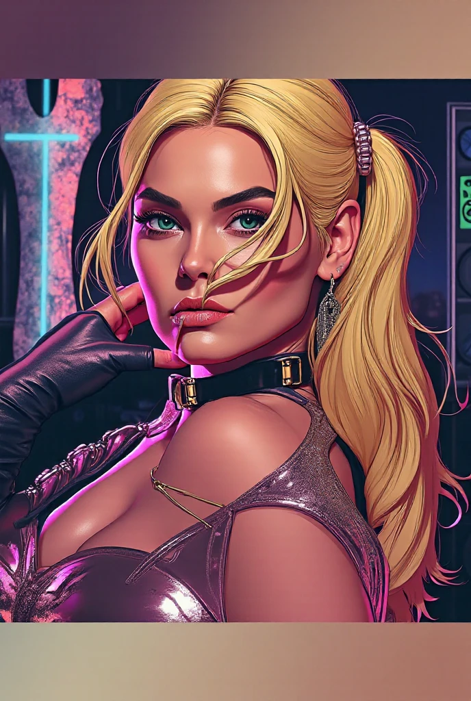 a digital painting of a woman with royal blue and yellow hair, wearing xmen rogue clothes, behance contest winner, afrofuturism, synthwave, neon, glowing neon, huge breast