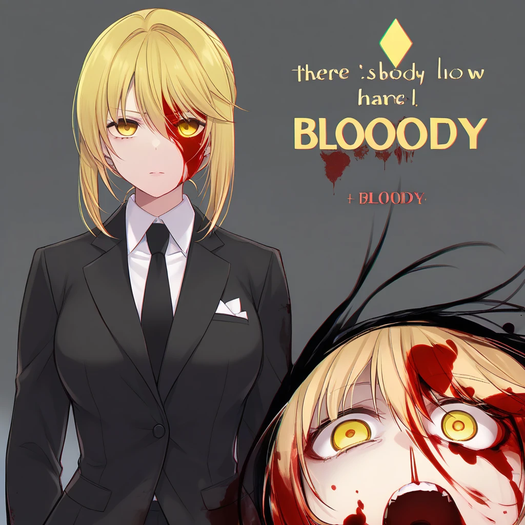 1 guy, blue eyes, blond hair, wears glasses, shoulder-length disheveled hair, male build, looks at the viewer, sly grin, creepy, dressed in a white shirt, black pants, black background, blood on clothes, blood on cheek, shaded face, detailed, beautiful, delicate tones