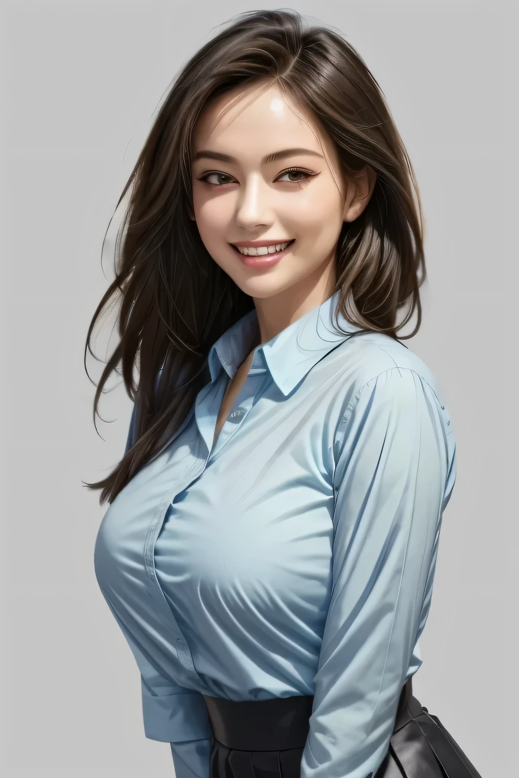 (photorealistic:1.4), (Very Detailed), (best quality), (best shadows), (masterpiece), super high resolution, 1 Ultimate Beautiful Japanese girl, solo, very elaborate face, grin, (Perfect Teeth), beautiful dark brown eyes, double eyelids, eyelashes, lip details, brunette hair, big Breasts, smile, (light blue collared shirt:1.2), (tight mini skirt), thighs, description boundary depth, perfect lighting, (background: main street)