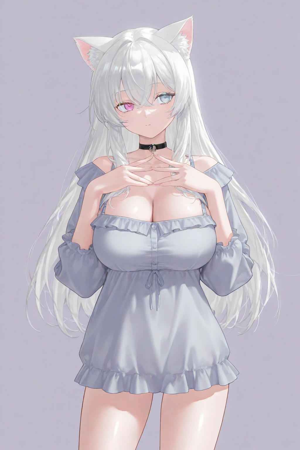 Purelos Face_v1:0.24, Highest quality, Realistic, 8K, High resolution, 1 Girl, , (Skin dents), (Portraiture), ((Simple Background:1.62)), Full Color, ((Big round breasts,Frills)), Look directly at the viewer:1.8, (1 Girl eyes looking at viewer:1.55), (Long-length hair, Silver Hair, Two Side Up,Straight bangs:1.45,Pink Eyes), (Bokeh),Watching the audience,Open Mouth Smile,Sparkling Eyes,Cute pose,Sparkling Eyes,Ultra HD,Front shot,whole body,Full Body,Ultra HD