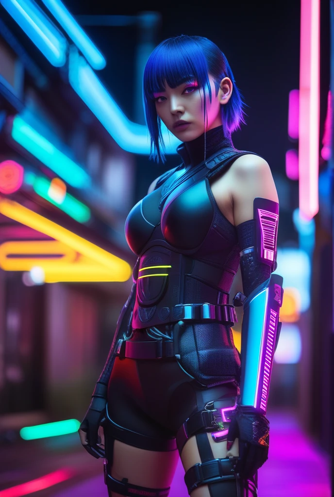 Cyberpunk girl with a bang, neon city in the background, bokeh effect, full body