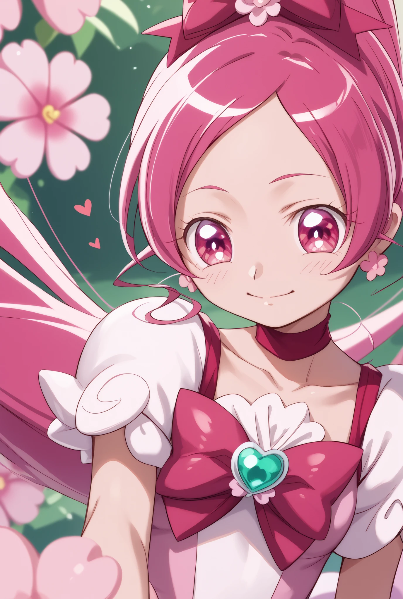 Heart Catch Pretty Cure、cute、cure blossom、beautiful background、 Slim、Small breasts、Shiny on the skin、 happy、cuteポーズ、 close angles to the face 、I have Blossom Tact、