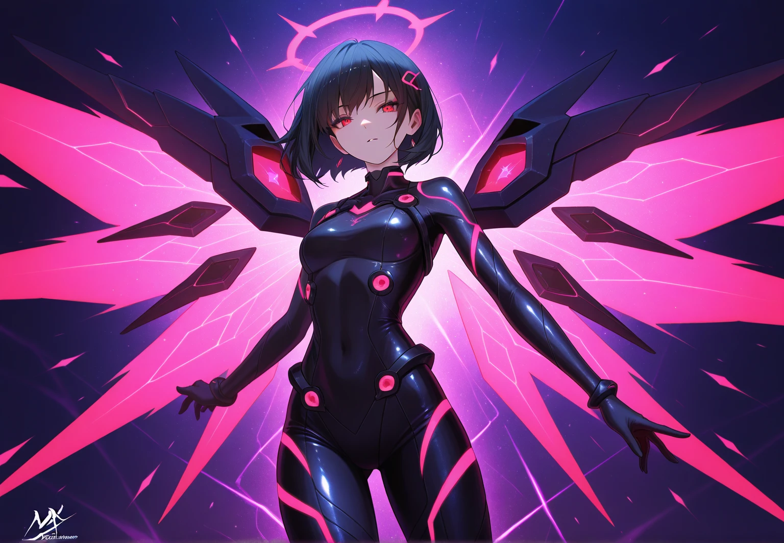 (Masterpiece, Best quality, ultra high resolution),1girl,scarab creature, smirk, insect body,body beetle creature), ((detailed black insectoid creature body)), bob cut,fantasy, beautiful and detailed face, detailed eyes, glowing eyes,small chest,in the dark cave,pink eyes, looking at the viewer, ((loli)),(grey theme)
